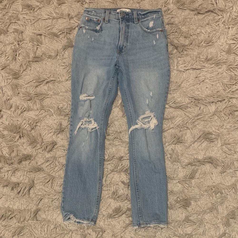 ABERCROMBIE & FITCH Light Blue Distressed Straight Leg Jeans